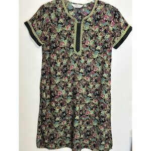 BIBA Floral Print Dress‎ Short Sleeve Green Trim Vintage Size 38